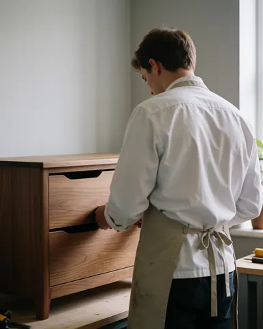 Carpenter in apron inspecting wooden furniture drawers in workshop with natural light and visible tools