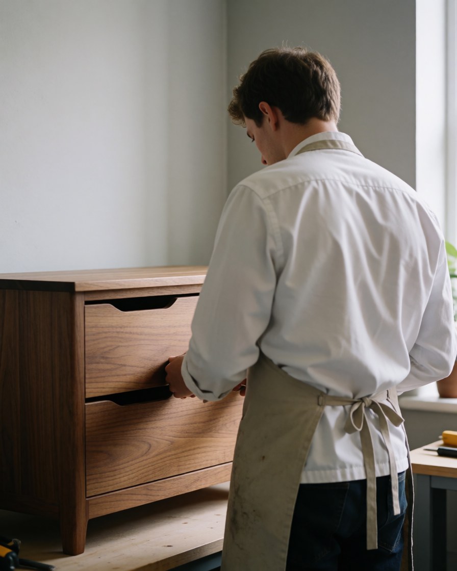 Carpenter in apron inspecting wooden furniture drawers in workshop with natural light and visible tools