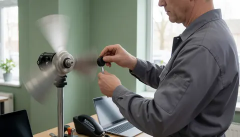 Technician adjusting weight on spinning fan blade in workshop with green walls and natural light