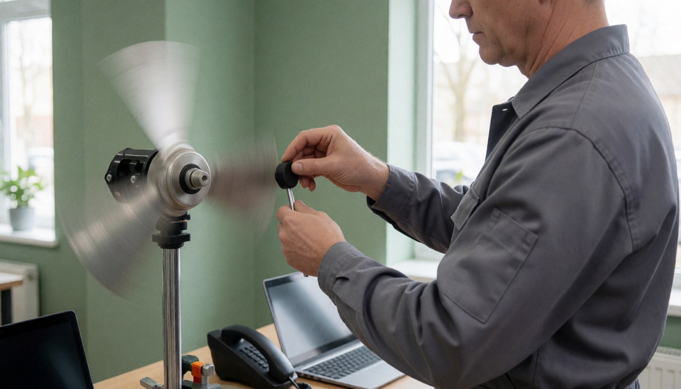 Technician adjusting weight on spinning fan blade in workshop with green walls and natural light