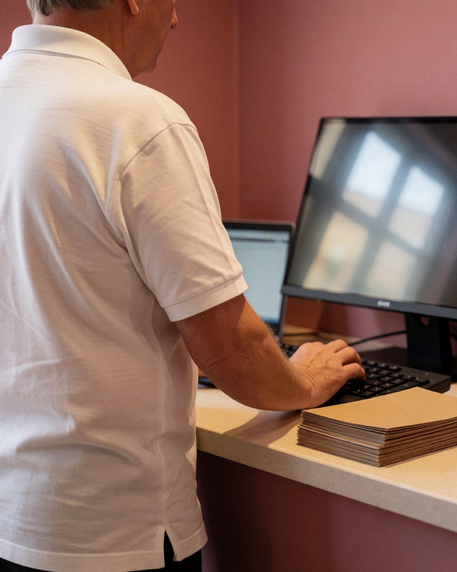 Employee working on a computer at a public pool reception desk with a pink wall and brochures.