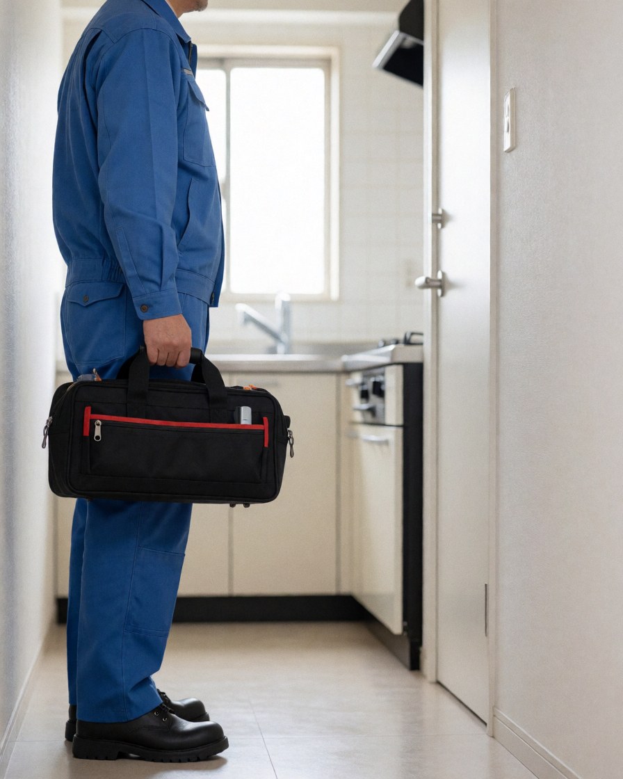 Technician in blue uniform holding black tool bag in front of white stove in modern kitchen