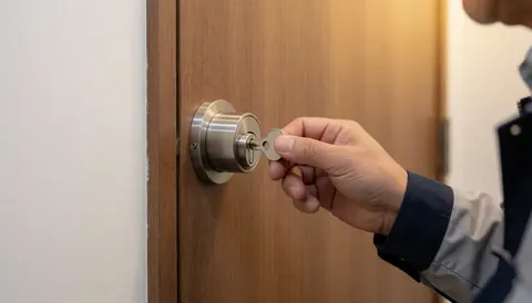 Hand inserting a key into a newly installed three-inch lock on a wooden door with a white wall and warm lighting