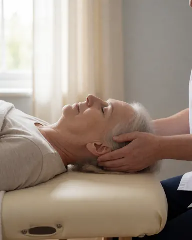 Close-up of a therapist's hands massaging a client's head while the client lies on a treatment table in a calm clinic setting.