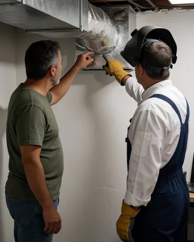 Technician wearing gloves and helmet shows sealed duct joint while client observes in basement with white walls
