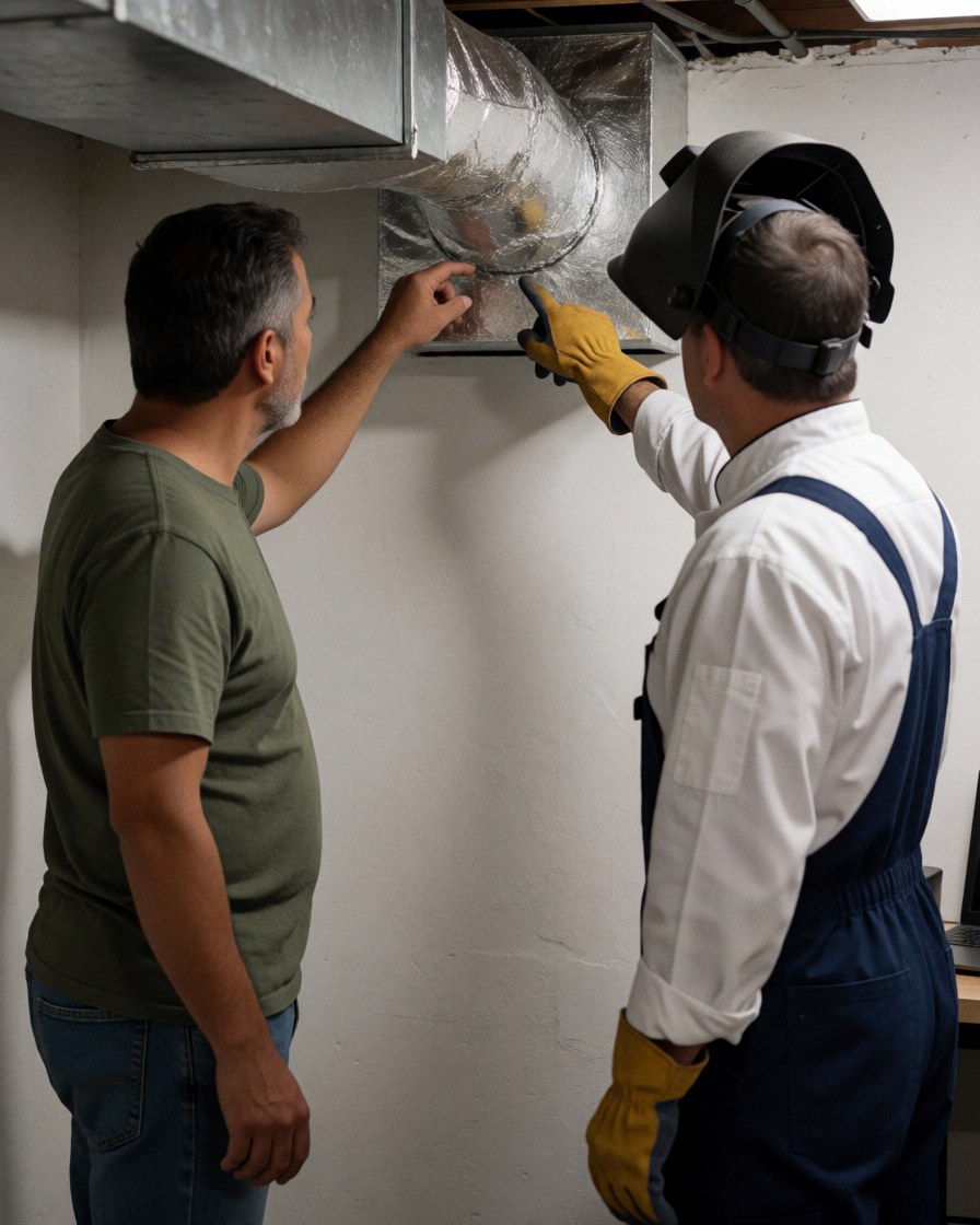 Technician wearing gloves and helmet shows sealed duct joint while client observes in basement with white walls