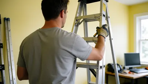 A painter organizes a metal ladder in a garage with yellow walls and natural light, showing preparation for house painting work.