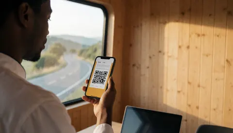 A traveler checks a digital ticket on a smartphone while looking out the window of a wooden-paneled tour bus during sunset.
