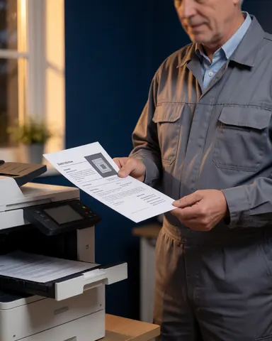 Technician in gray uniform checks a printed document with text and graphics on a multifunction printer against a dark blue wall.