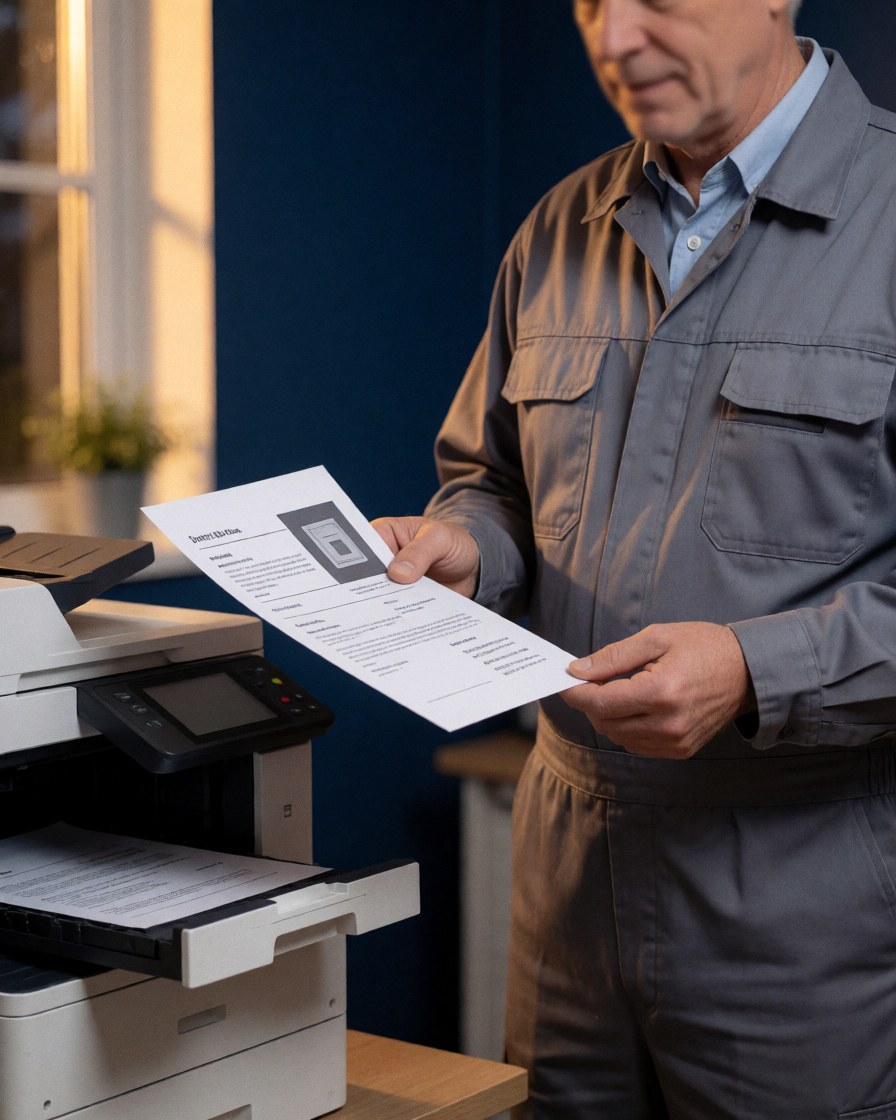 Technician in gray uniform checks a printed document with text and graphics on a multifunction printer against a dark blue wall.
