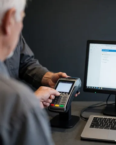 Close-up of a customer using a credit card to pay at a parking lot payment terminal with a visible screen and keypad.