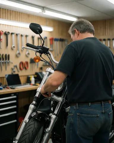 Mechanic adjusting motorcycle front fork in workshop with tools hanging on light wood pegboard wall