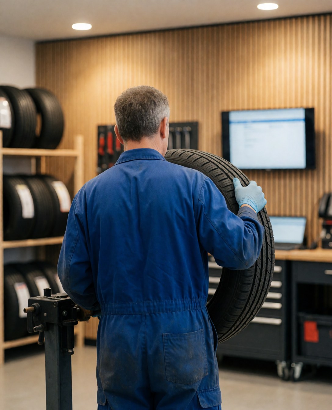 Mechanic in blue coveralls mounting a tire on a stand in a workshop with wooden walls and a wall-mounted computer.