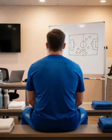 Soccer player sitting on bench watching tactics on whiteboard, professional training environment with beige walls and blue clothing.