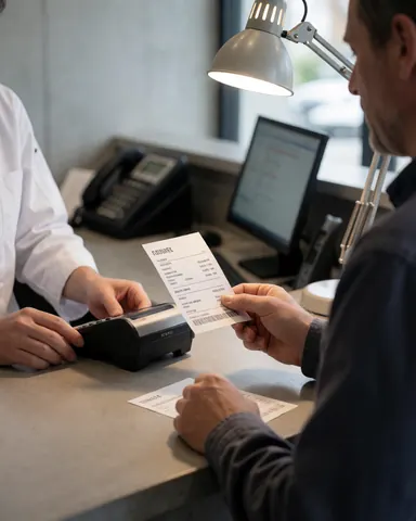Hands exchanging a ticket at a concrete service counter in a zoo, showing payment terminal and transaction process