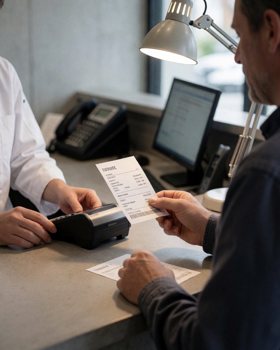 Hands exchanging a ticket at a concrete service counter in a zoo, showing payment terminal and transaction process
