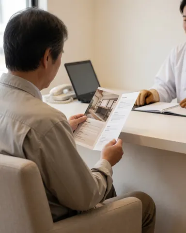 A customer reviews a brochure in a modern office with a professional, clean desks, and natural light.