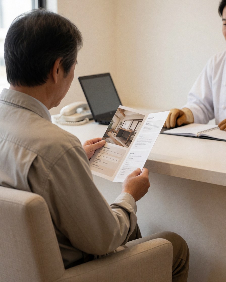 A customer reviews a brochure in a modern office with a professional, clean desks, and natural light.