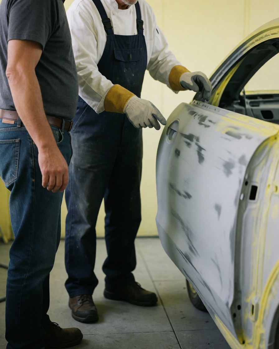 Technician applying gray primer to a car door while a client observes the work in a yellow-walled auto paint shop