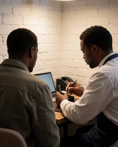 A watchmaker uses tools to repair an open watch while a customer watches during a consultation in a workshop with white brick walls.