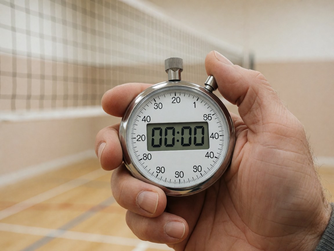 Close-up of a hand holding a digital stopwatch set to zero above a volleyball net in an indoor gym