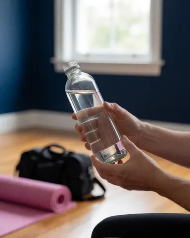 Hands holding a water bottle with a pink yoga mat and black bag in the background against a navy blue wall