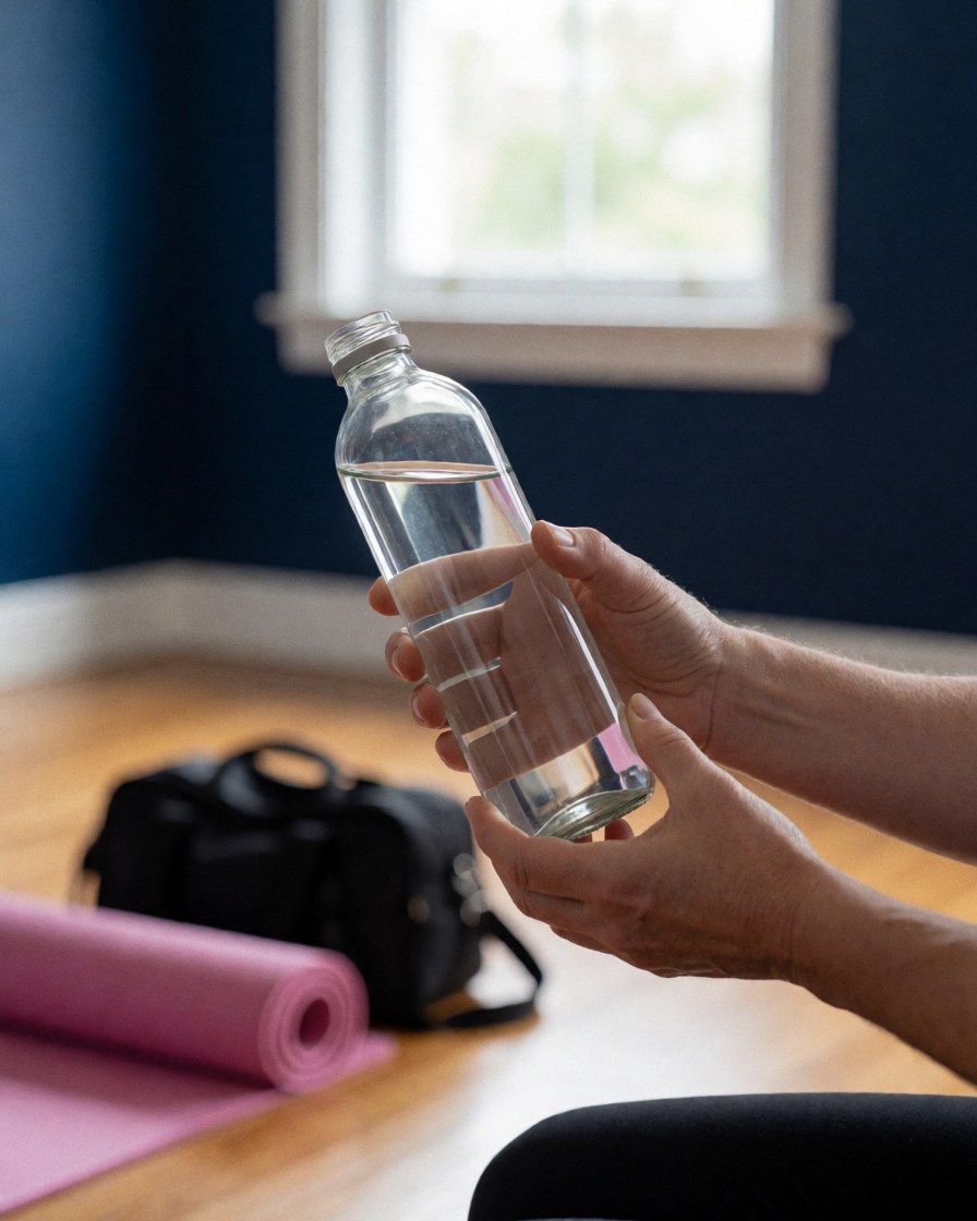 Hands holding a water bottle with a pink yoga mat and black bag in the background against a navy blue wall