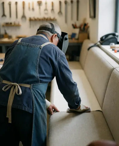 Upholsterer adjusting fabric on a banquette in a well-lit workshop with hanging tools