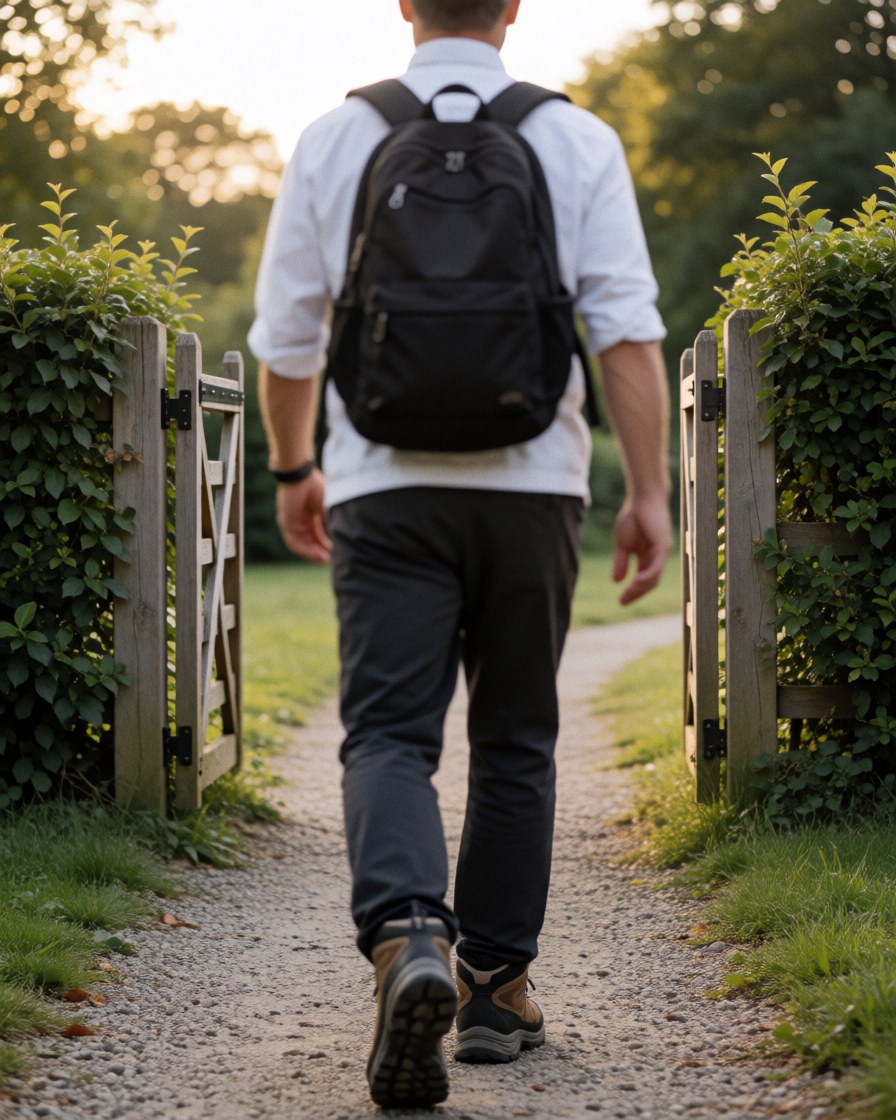 Person with backpack and hiking boots walking on gravel path towards wooden gate at sunset