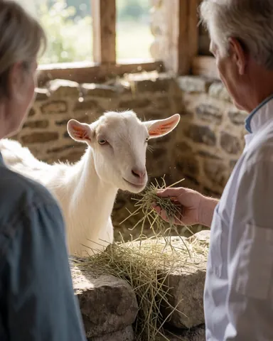 A guest offers fresh hay to a white lamb in a stone enclosure under natural light at a rural lodging