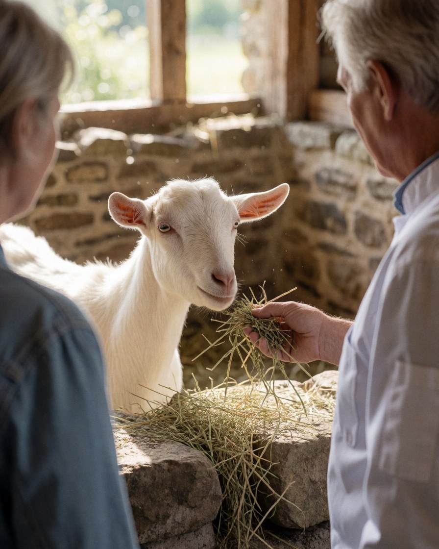 A guest offers fresh hay to a white lamb in a stone enclosure under natural light at a rural lodging
