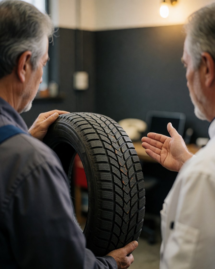 A mechanic displays a winter tire with deep treads to a client inside a tire repair shop with gray walls.