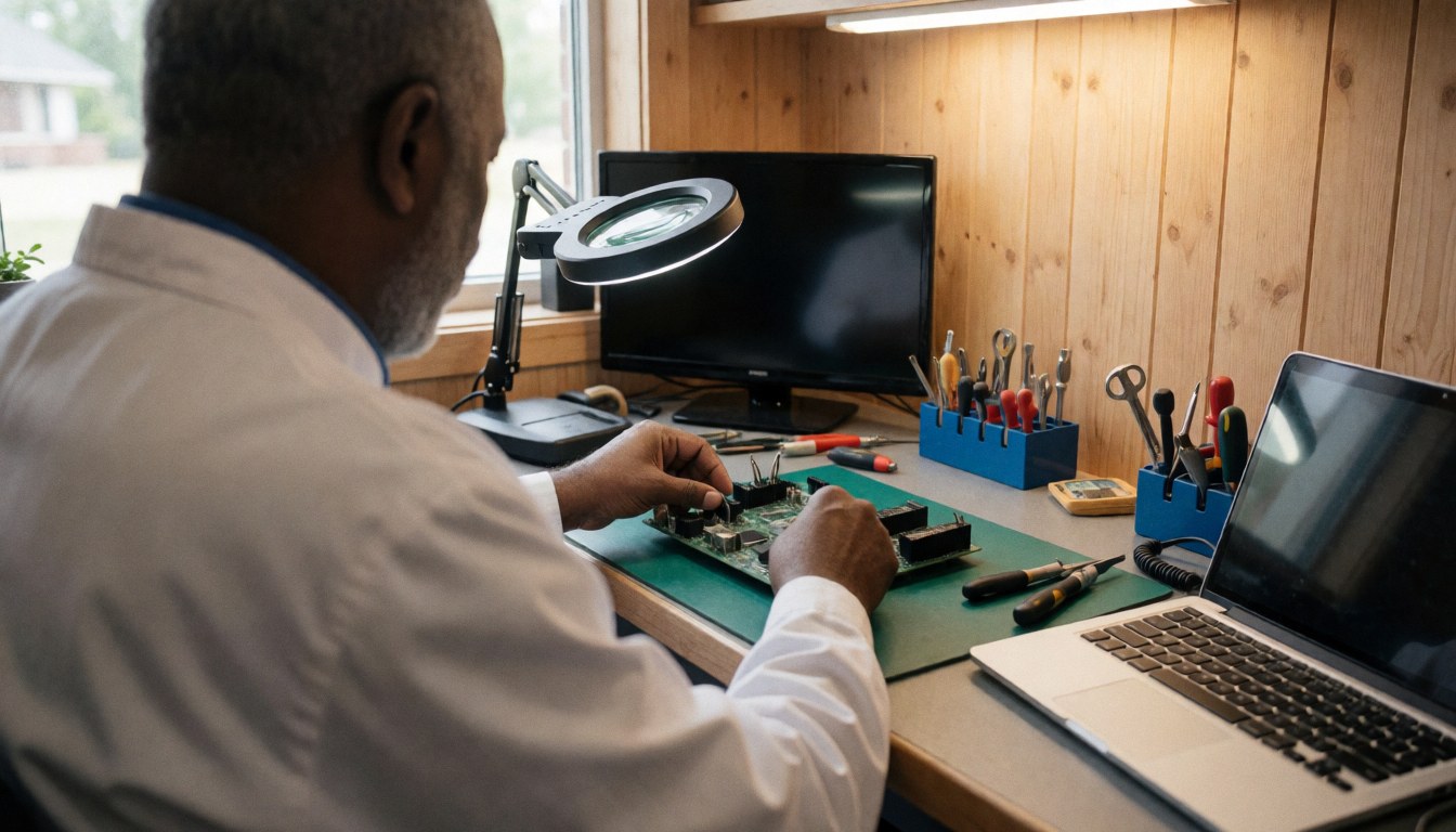 Technician repairing a circuit board with a magnifying glass and tools in a well-lit workshop.