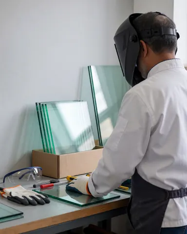 A glazier wearing a protective mask and gloves organizes glass panels in a well-lit workshop.