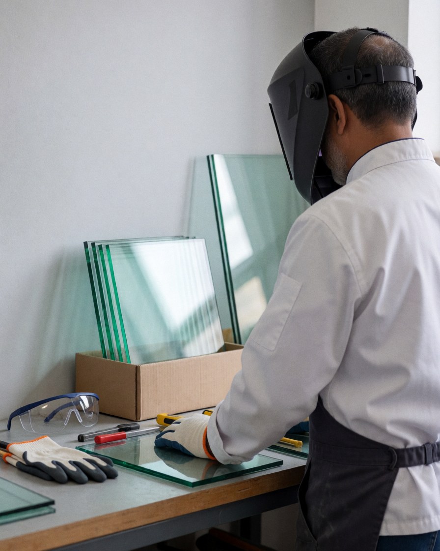 A glazier wearing a protective mask and gloves organizes glass panels in a well-lit workshop.