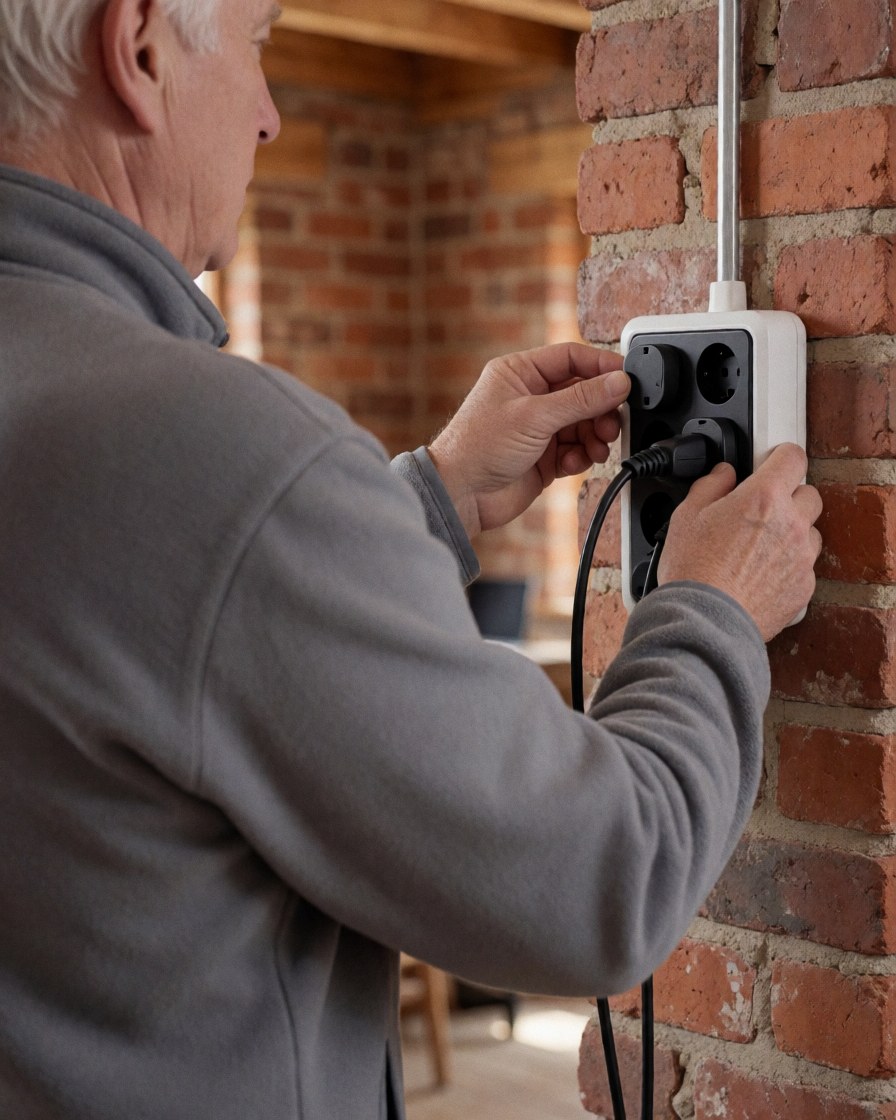 A professional inspects an electrical connection in a brick-walled mountain shelter, showing the charging equipment and hand at work.