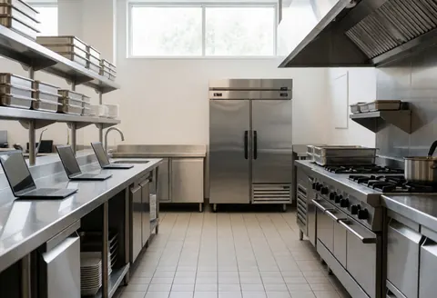 Professional stainless steel kitchen equipped with stove, refrigerator, and metal shelving units prepared for serving events.