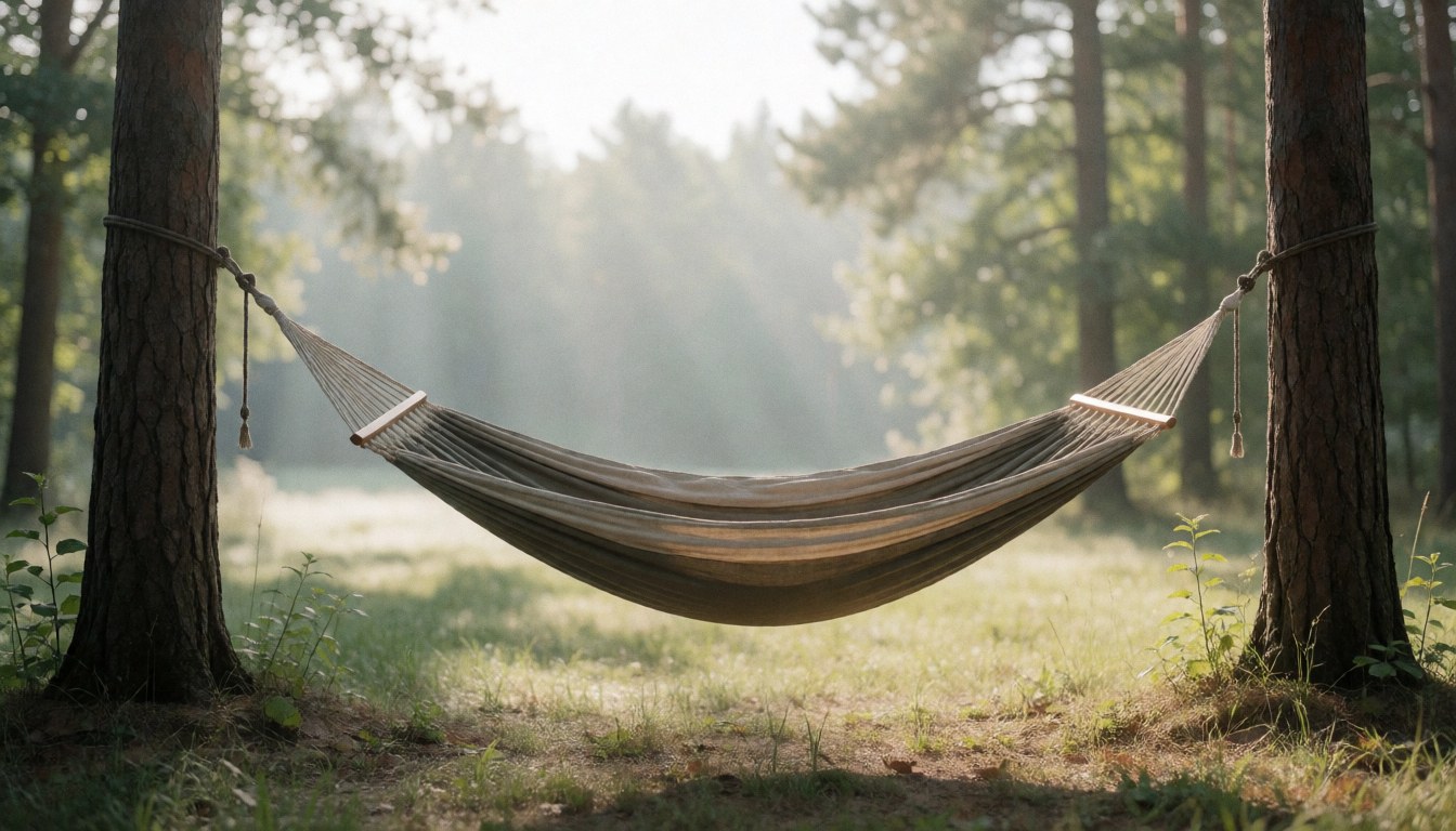 Fabric hammock between two pine trunks in a forest clearing with soft morning light and blurred background