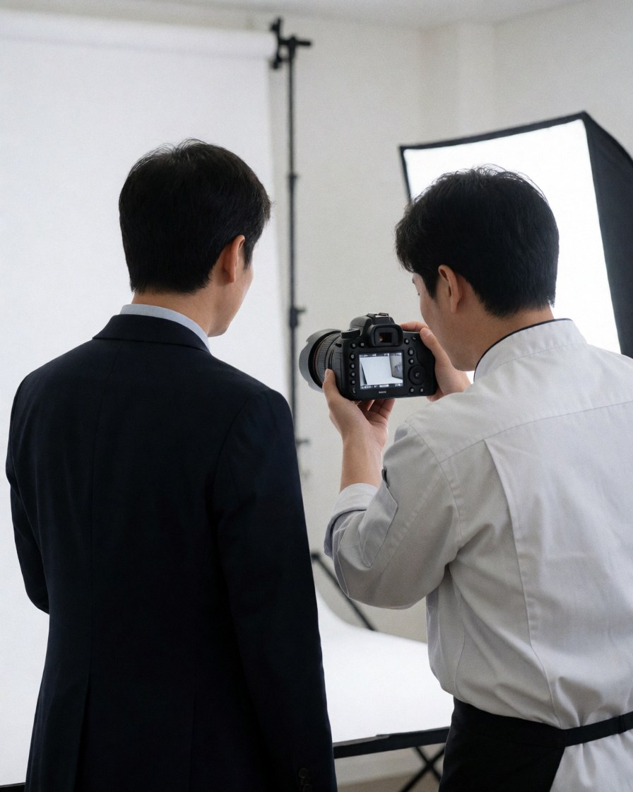 Professional photographer reviewing camera images with a client in a white background studio using a reflector
