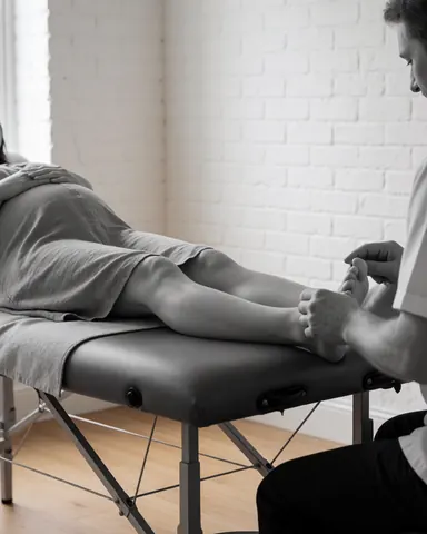 Reflexologist performing foot therapy on a pregnant client on a treatment table in a room with white brick walls and light wood flooring