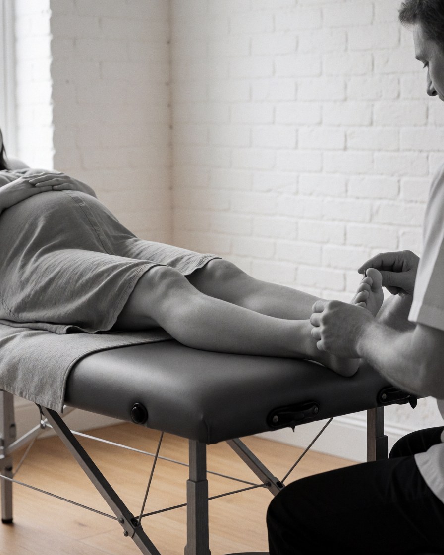 Reflexologist performing foot therapy on a pregnant client on a treatment table in a room with white brick walls and light wood flooring