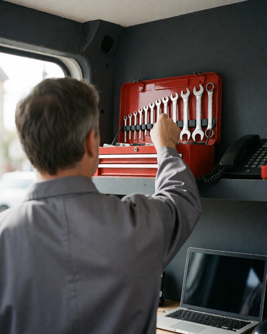 Technician retrieving a wrench from a red toolbox inside a service van, with a laptop and phone nearby for equipment repair.
