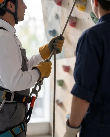 Rappeller wearing helmet and harness managing rope on climbing wall with colorful grips in adventure park