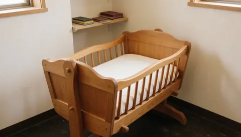 Restored wooden crib with white mattress in workshop with light walls and windows