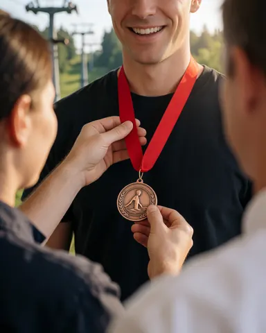A customer receives a bronze medal with a red ribbon at an adventure park featuring a zipline and forest background.
