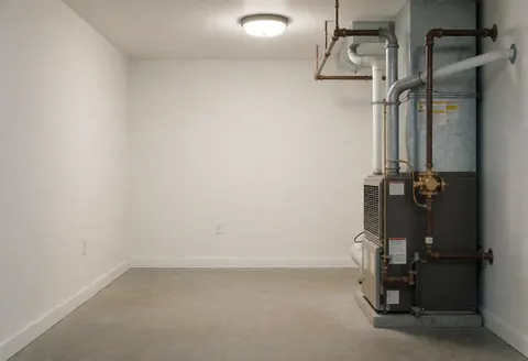 Empty heating room with white walls and concrete floor featuring a furnace with gas pipes and a brass regulator for heating repair services