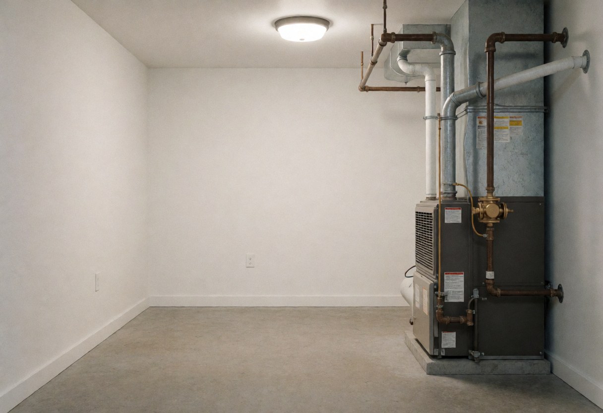 Empty heating room with white walls and concrete floor featuring a furnace with gas pipes and a brass regulator for heating repair services