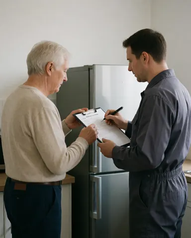Technician and senior client signing a form next to a refrigerator in a clean kitchen.