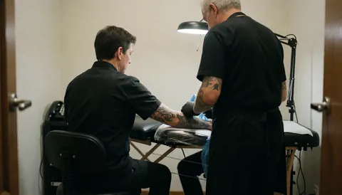 Tattoo artist wearing gloves applies a tattoo on a client's arm while seated in an adjustable chair under work lighting in a clean studio.