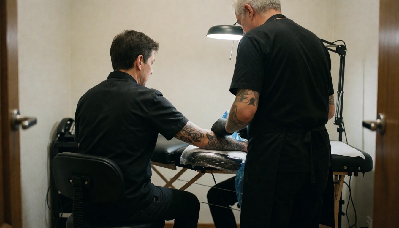 Tattoo artist wearing gloves applies a tattoo on a client's arm while seated in an adjustable chair under work lighting in a clean studio.